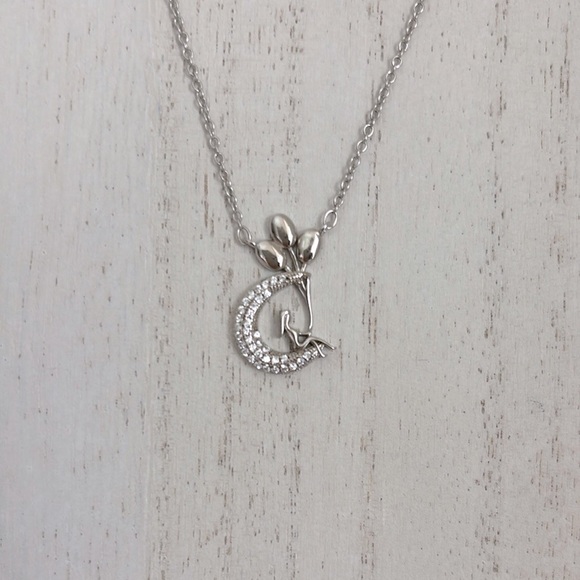 Silver Crescent Moon Stainless Steel with cubic zirconia Necklace - Picture 1 of 6